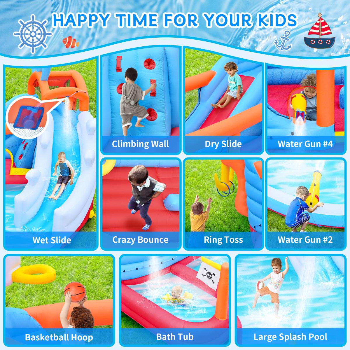 Aobtkel,9 in1 Inflatable slide water park bouncing house outdoor Soccer garden bouncer with Splash pool & Water gun & Climbing wall & Basketball & Football,Inflatable Water Slide With Air Blower, Inflatable Mighty Bounce, Mega Water Park Bouncy Cast