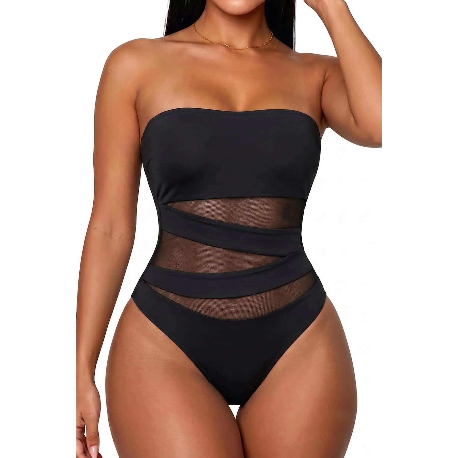 Holipick Women Strapless Bandeau One Piece Swimsuits Sexy Mesh Cutout Bathing Suits Tummy Control Swimwear