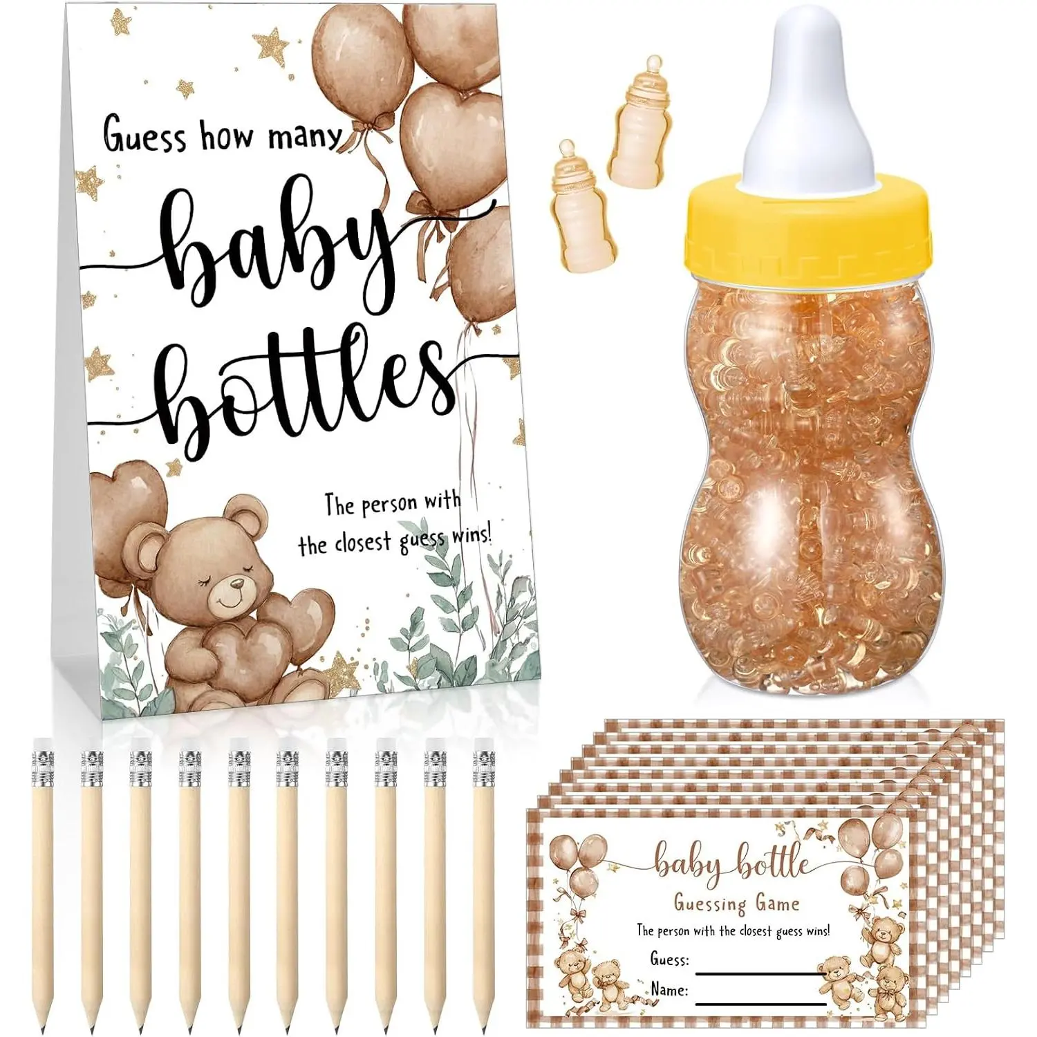 Roowest 522-Piece Baby Shower Bottle Counting Gift Set, 750ml Large Container with 100 Cards, 20 Pencils, 400 Mini Containers & Balloon Bear Brown Design for Parents