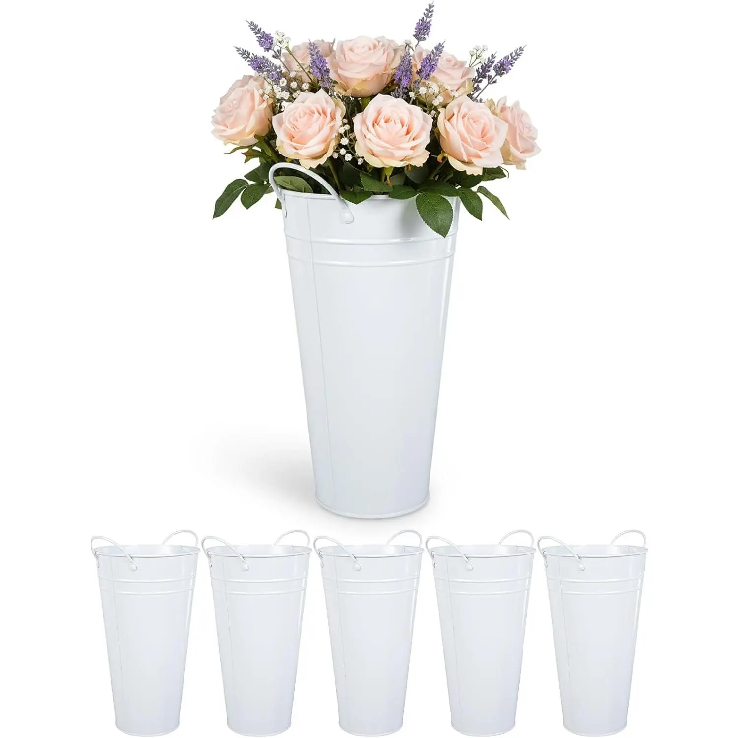Flower Bucket for Flower Bar, 6 count 10.2 Inch Metal Vases with Handles, Leak-Proof White  Buckets for Valentine's Day, edding Centerpieces,  Shower, Mother's Day,  Rustic  Decor