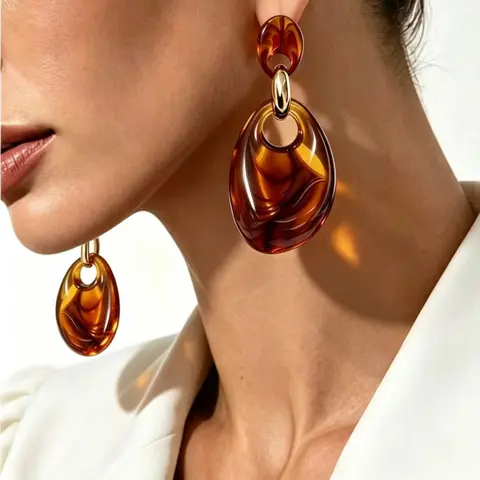 Vintage Tortoise Amber Large Drop Dangle Earrings, Retro Statement Party Jewelry for Women, Elegant Geometric Design, Fall & Winter Style
