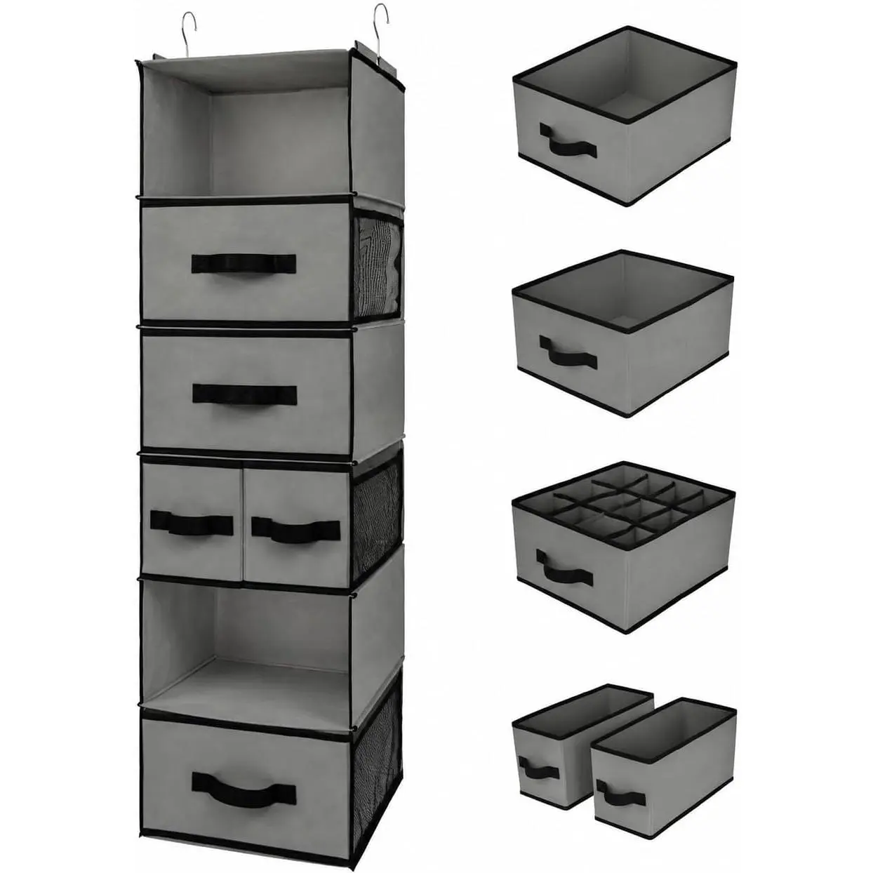 Hanging Closet Organizer 6 Shelves, Closet Organizers and Storage with 5 Drawers, 6 Side Pockets Closet Hanging Organizer, Hanging Storage Organizer for Closet, Baby Clothes, Gray