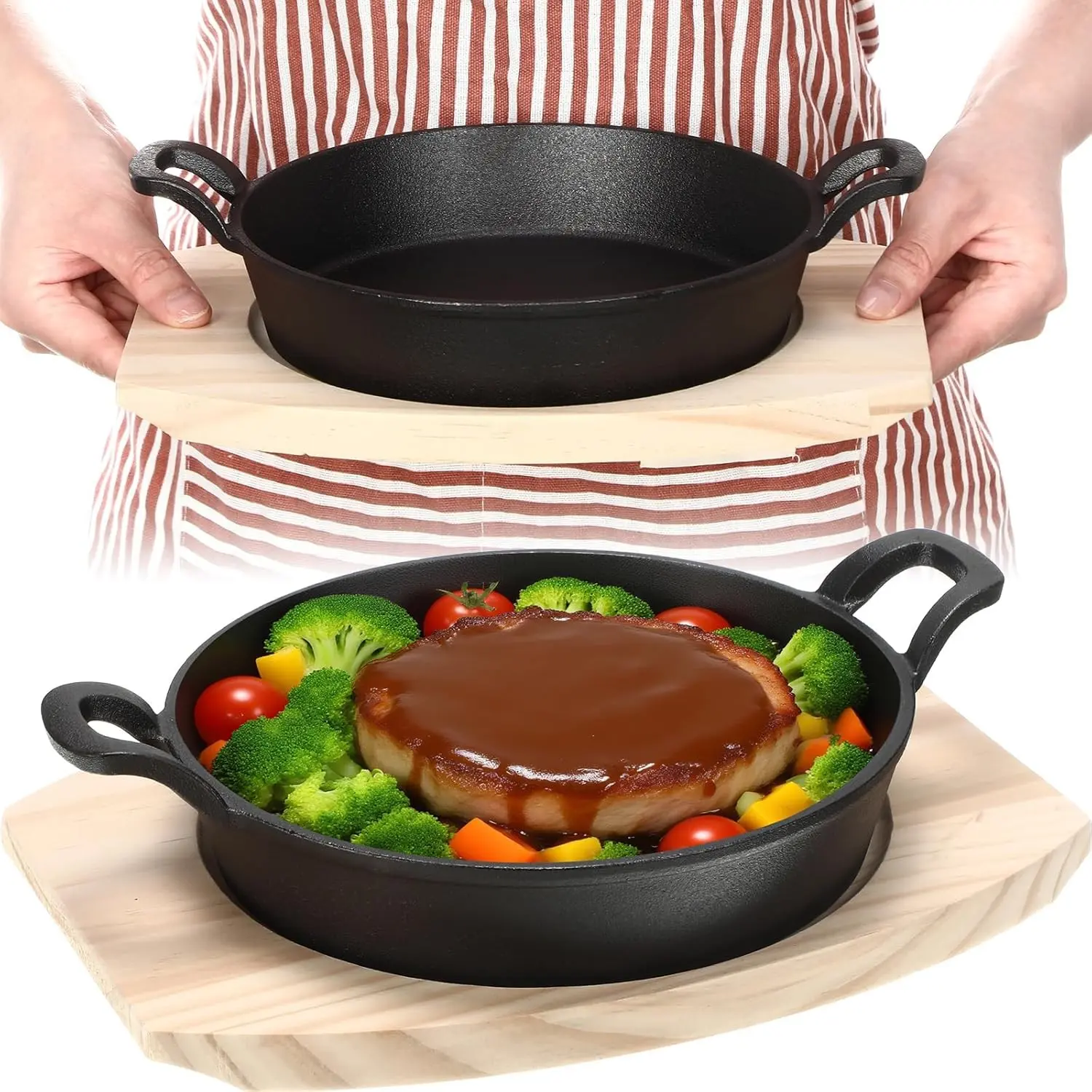 7.9-Inch Mini Cast Iron Skillet Cookware Set (2-Piece), Small Round Heavy-Duty Fajita Pans with Wooden Bases for Kitchen, Barbecue Use