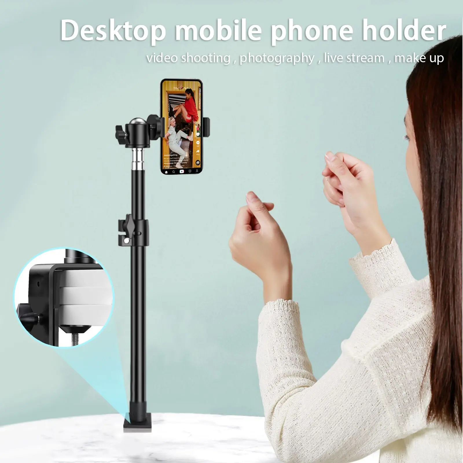 Desktop C-Clip Light Stand with Ball Head, Photography Suspension Bracket for Ring Light & Square Fill Light, Video Shooting Mount, Mobile
