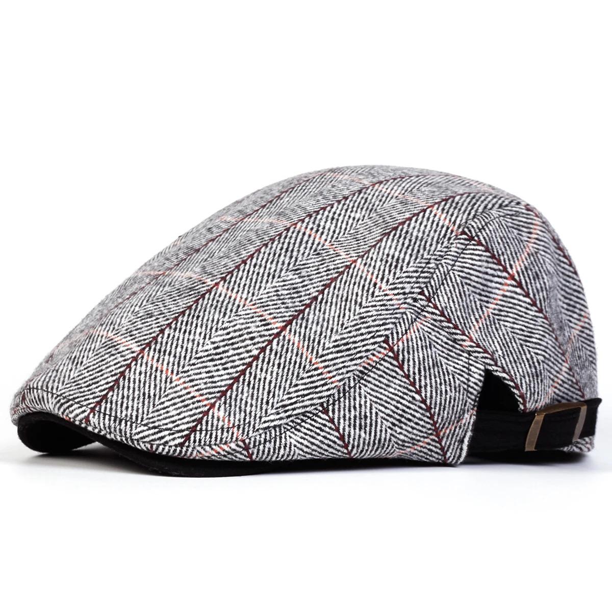 Men Retro Herringbone Grid Newsboy Caps British Painters Hats Side Buckle Adjustable Flat Cap Hip Hop Berets