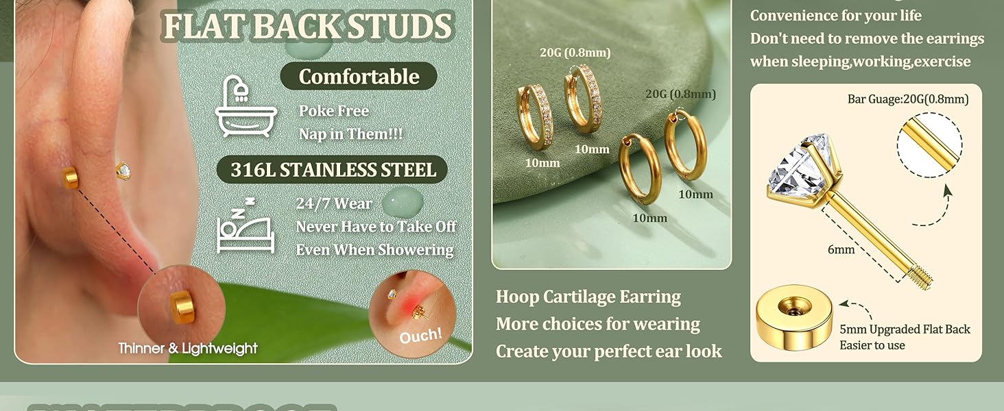 CASSIECA  Hypoallergenic Flat Back Earrings for Women Cartilage Earrings Stacks-20G Surgical Stainless Steel Flatback Stud Hoop Earring Set Daith Conch Tragus Helix Piercing Jewelry