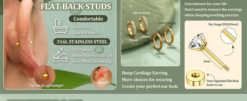 CASSIECA  Hypoallergenic Flat Back Earrings for Women Cartilage Earrings Stacks-20G Surgical Stainless Steel Flatback Stud Hoop Earring Set Daith Conch Tragus Helix Piercing Jewelry