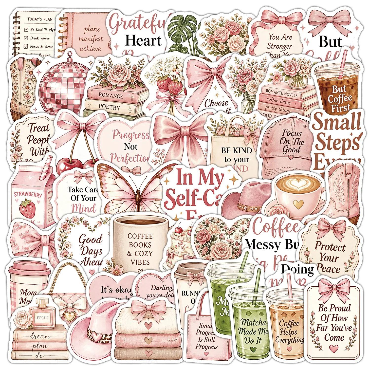 50Pcs Pink Coquette Bow Positive Quote Aesthetic Stickers, Journaling Stickers for Scrapbook Diary Planner, Planner Accessories, Office Products, Back To School Stationery