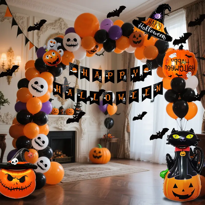 Halloween Balloon & Decor Kit, Orange Black Witch Hat Ghost for Photo Booth Backdrop, Trick or Treat Doorway, Yard, Indoor Outdoor Party Supplies