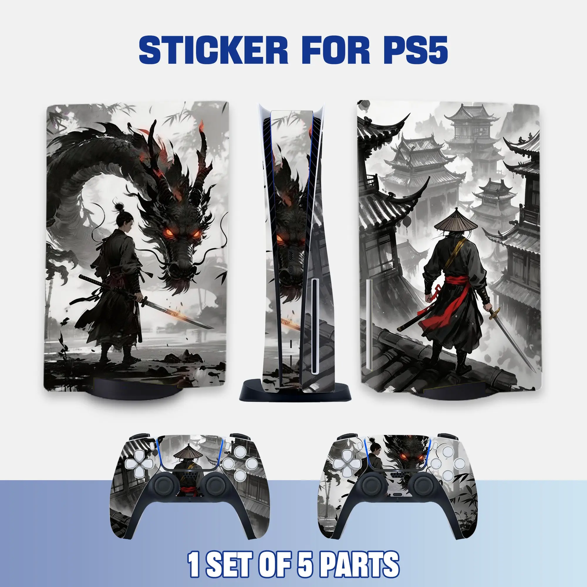 Ps5 Console and Controller Stickers, Ink Wash Style Hero Dragon Ancient Architecture Art Vinyl Protective Film, Waterproof, Scratch-Resistant, Removable