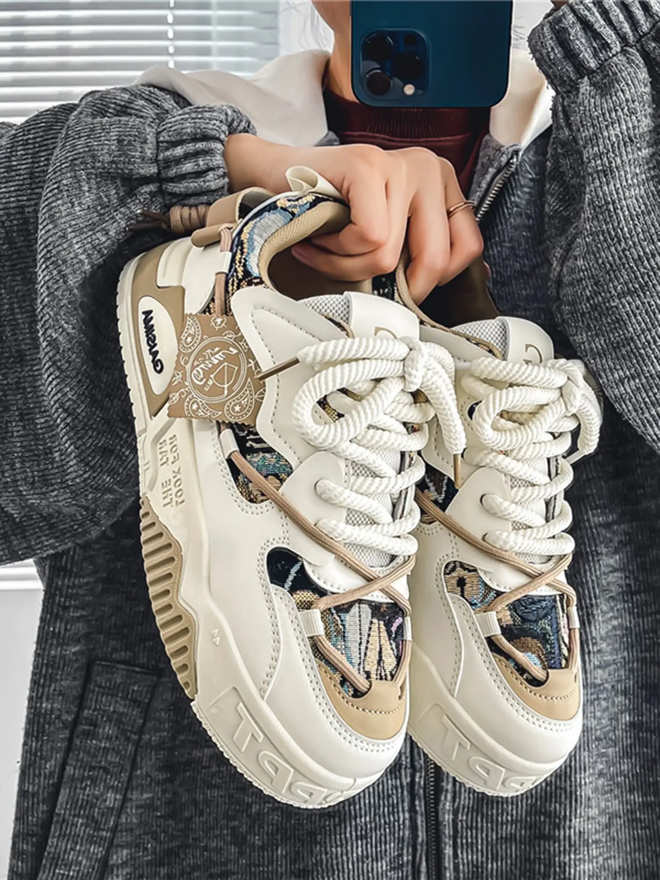 Men's Thick Sole Sneakers, Breathable Retro Patchwork Board Shoes, Fashion Streetwear, All Season, Durable Anti-Slip Canvas & PVC