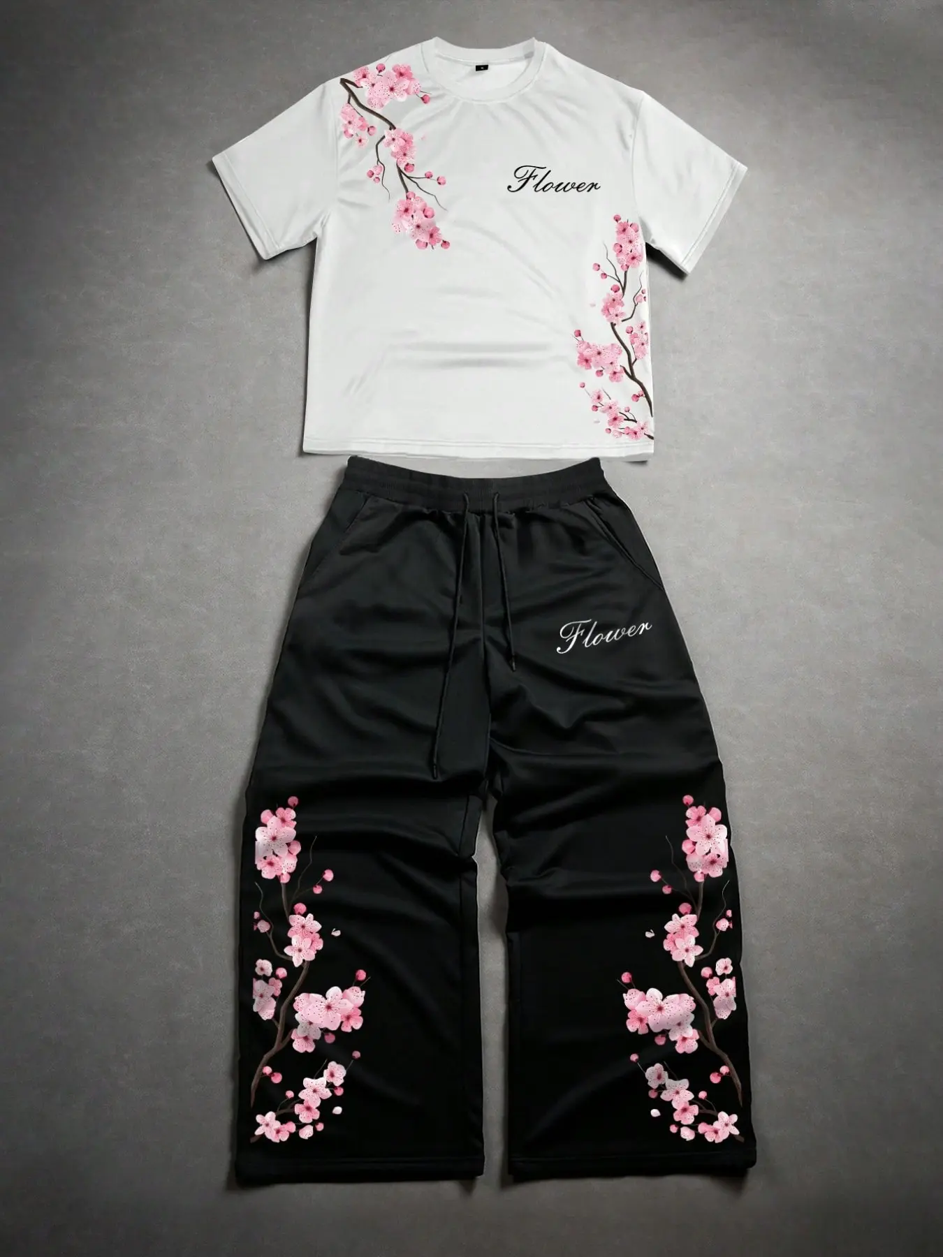 Men's Pink And Black Cherry Blossom Sakura Floral Print T-Shirt & Sweatpants 2 Piece Set,Summer Streetwear City Break Japanese Art Oversized Tracksuit