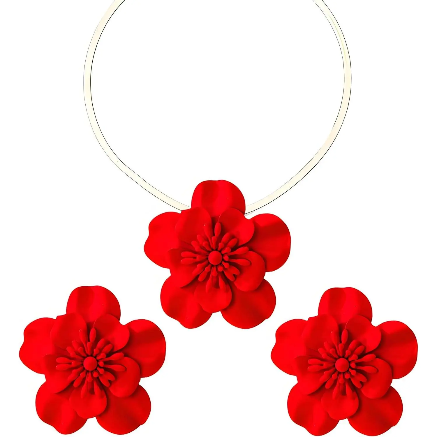 Flower Necklace Earring Set for Women Bohemian Red  Floral Statement Earrings Snake Chain Necklace Elegant Bridal Wedding Summer Beach
