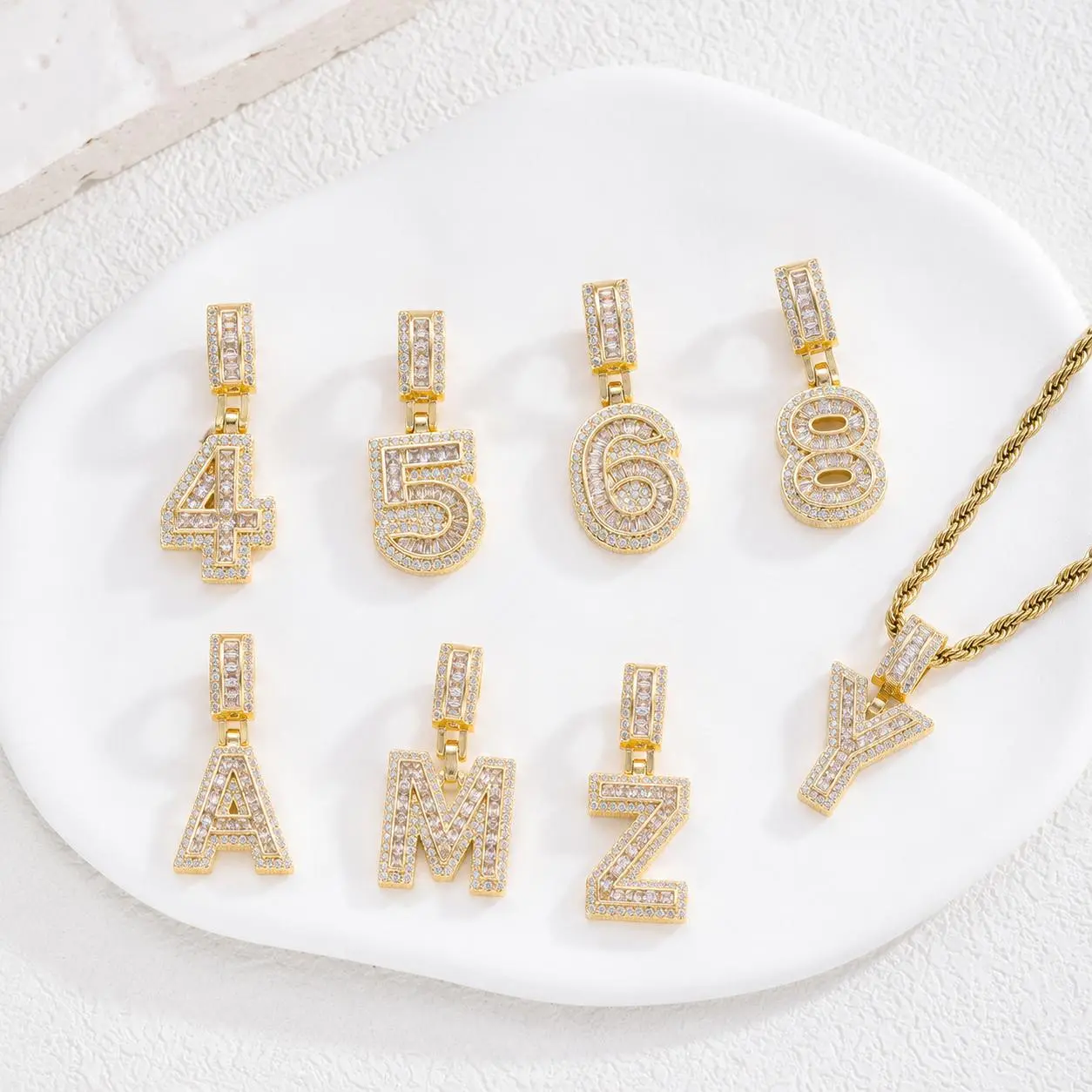 18K Gold Plated Number 0-9 Pendant DIY, Luxurious Shiny Cubic Zirconia Pendant Handmade  DIY Name Accessories For Earrings, Necklace, Bracelet, Twist Chain Festivals, Birthdays, and Special Occasions Party Jewelry Accessories