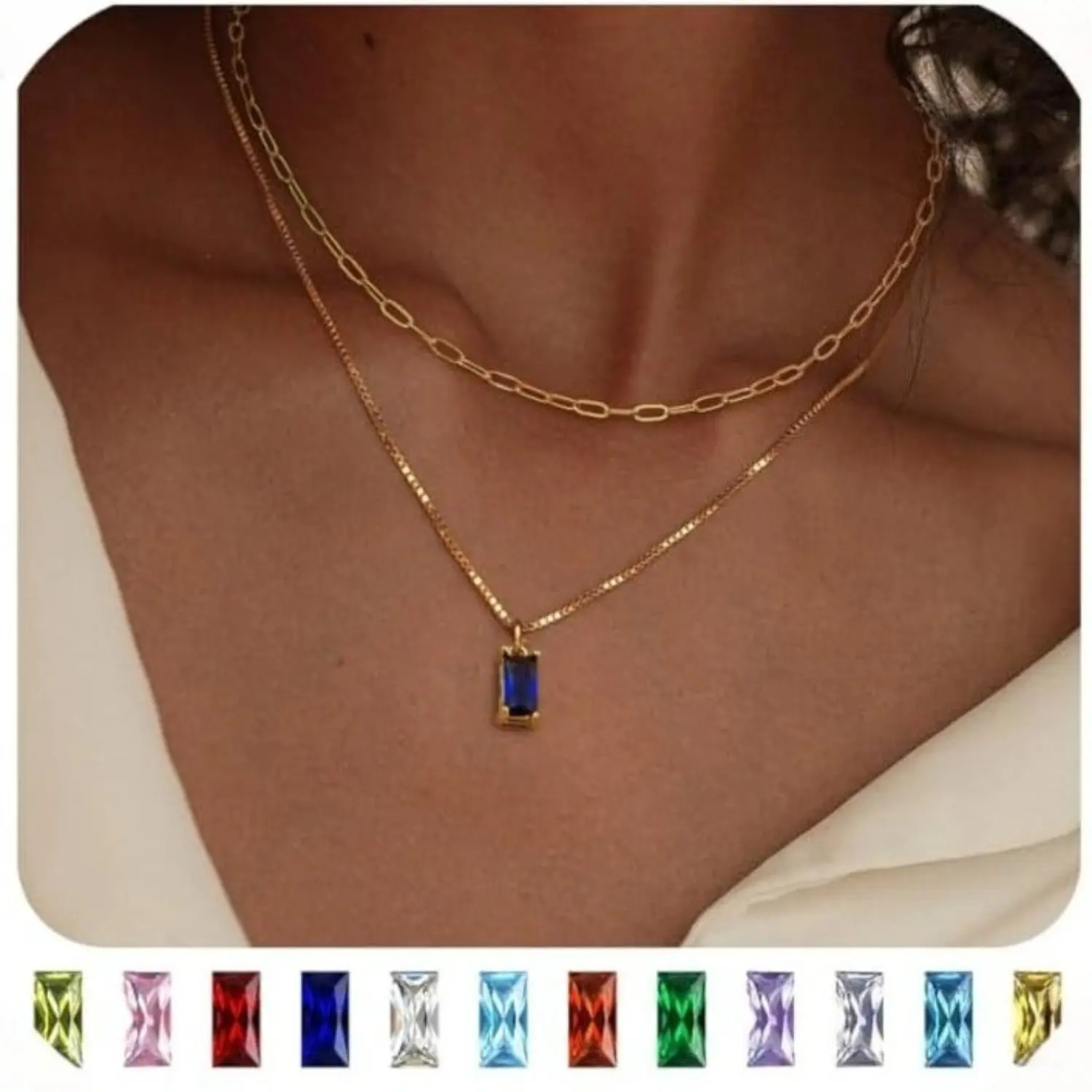 MILACOLATO 14K Plated Gold Birthstone Necklace for Women Girls | Layered Stack Necklace,Cubic Zirconia Ruby Emerald Pendant Birthstone Necklace, Birthday Gift Jewellery for Women