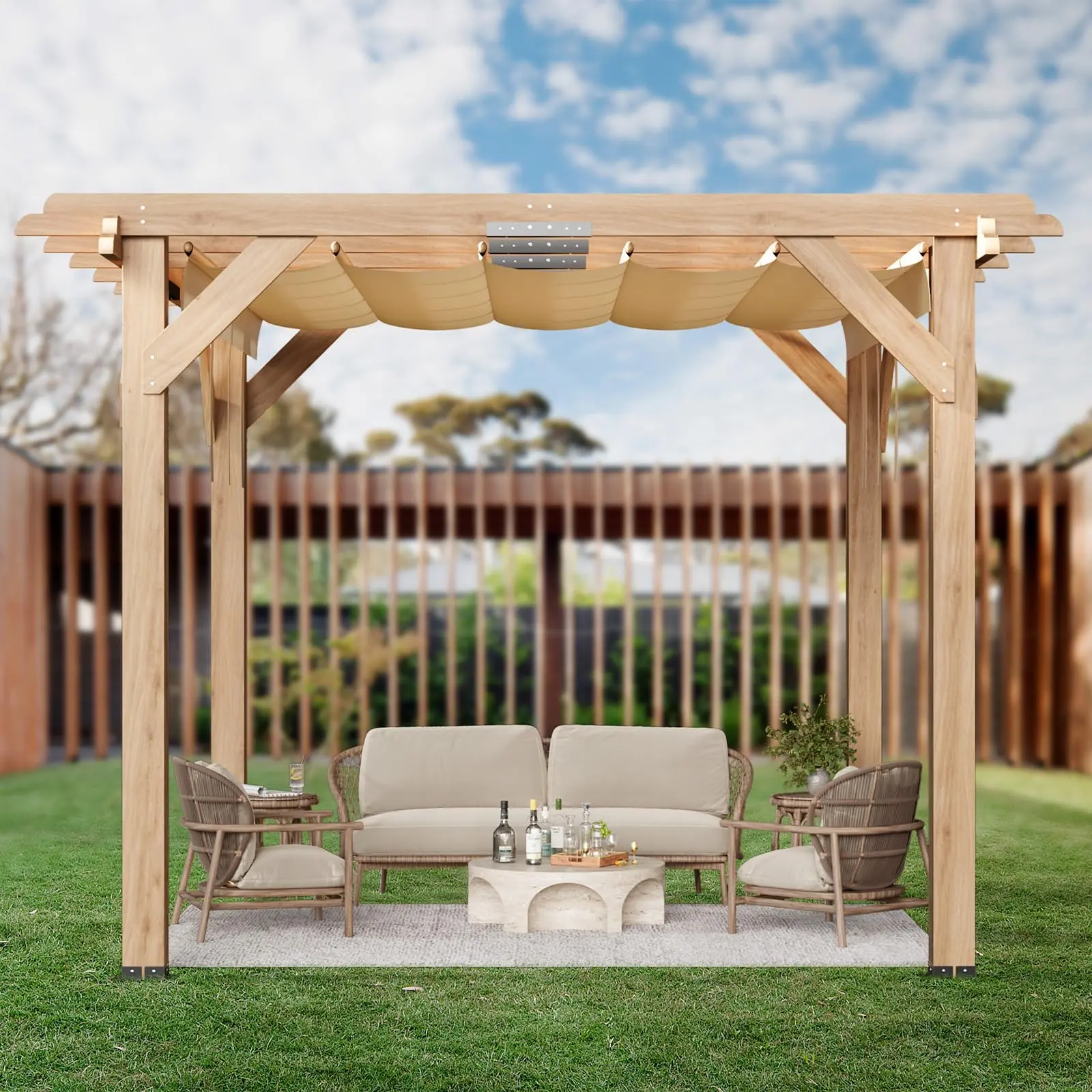 GARVEE Modern 10x10 FT Rectangle Solid Cedar Wood Pergola, Retractable Oxford Fabric Roof, Outdoor Patio Solid Wood Gazebo with Shade, Retractable Roof