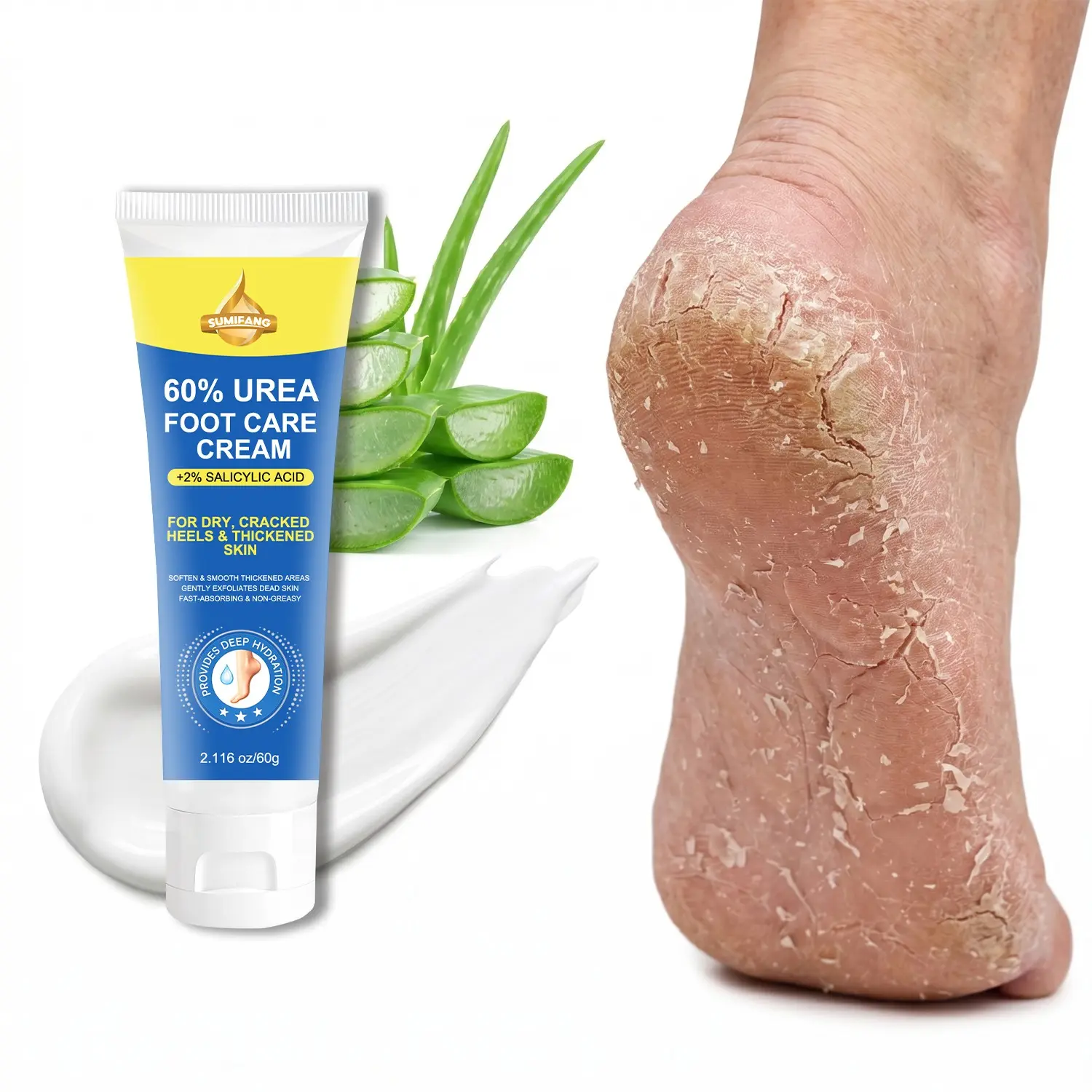 60% Urea Foot Care Cream with 2% Salicylic Acid, Ideal for Dry Cracked Heels and Thickened Skin, 2.116 Oz/60g, Moisturizing and Healing
