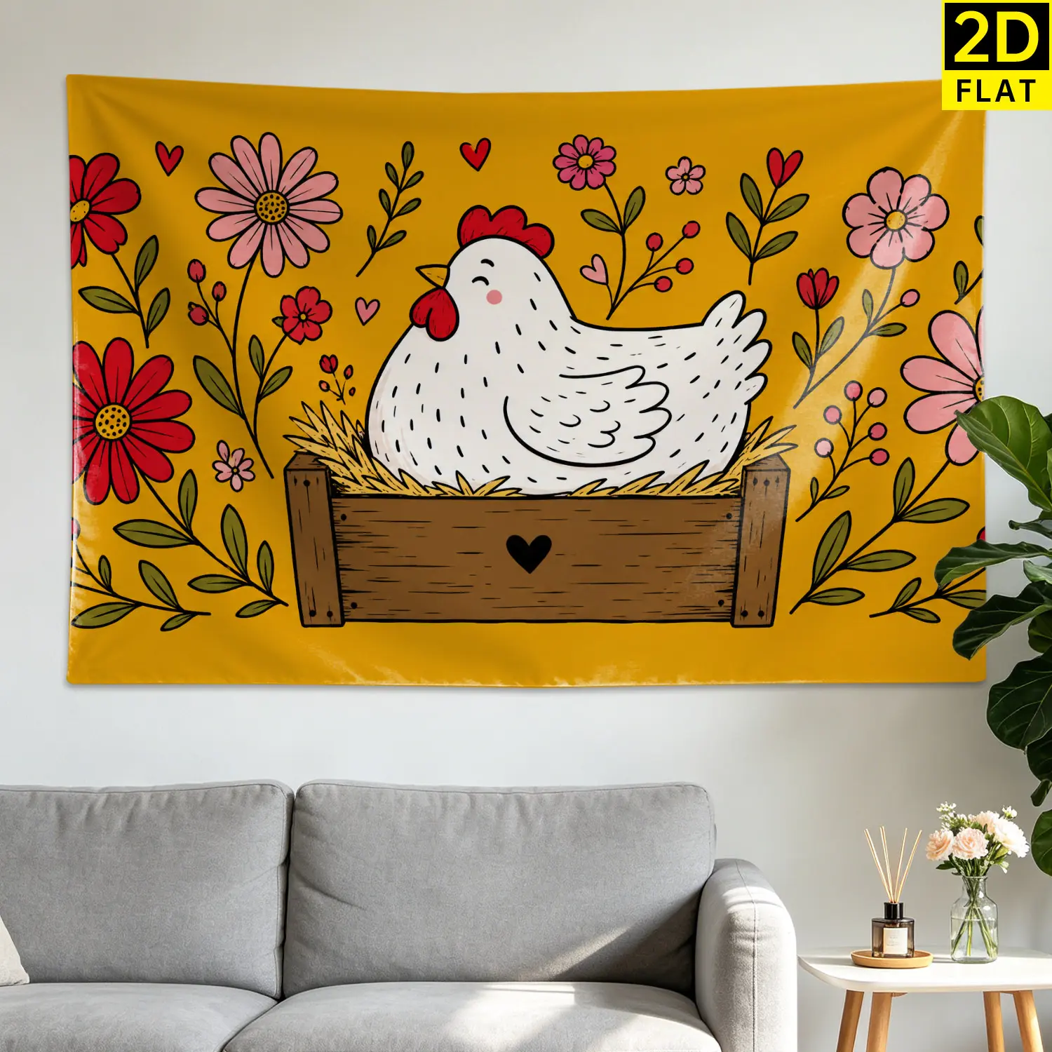 Farmhouse Cute Chicken & Flowers Art Tapestry - Synthetic Polyester Large Horizontal Wall Hanging, 30x40 inch/40*30 inches (101.6x76.2cm), No Installation Required for Living Room, Dining Room, Gift for Family, Cold Wash