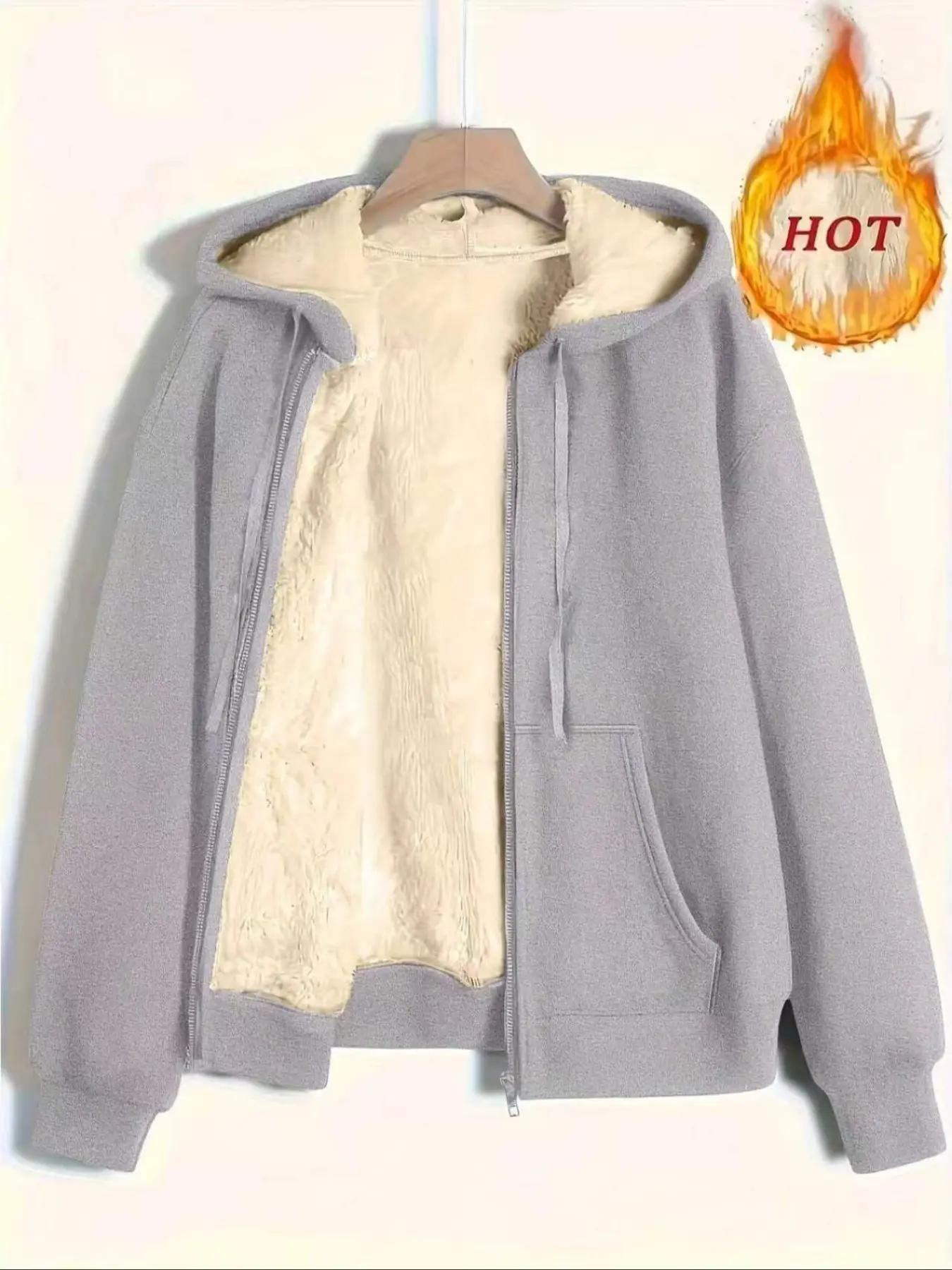 Women's Plus Size Winter Warm Lamb Velvet Hooded Jacket Coats, Casual Pocket Design, Long Sleeve Sporty Outerwear for Fall & Winter Seasons