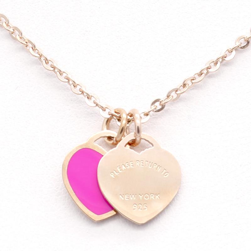 New luxury enamel pink double heart necklace, 18k gold titanium steel, versatile new style