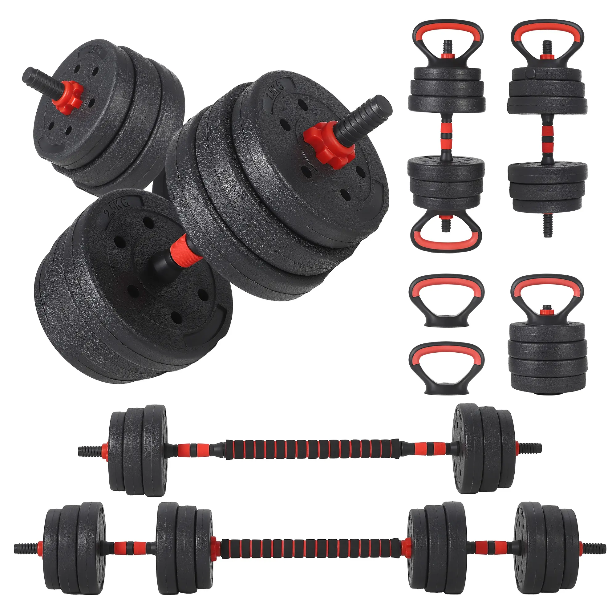 Adjustable Dumbbell Set, 55lbs Free Weights Set with Foam Connecting Rod , 5 in 1 Weight Set Used As Kettlebells, Barbell, Push Up Stand