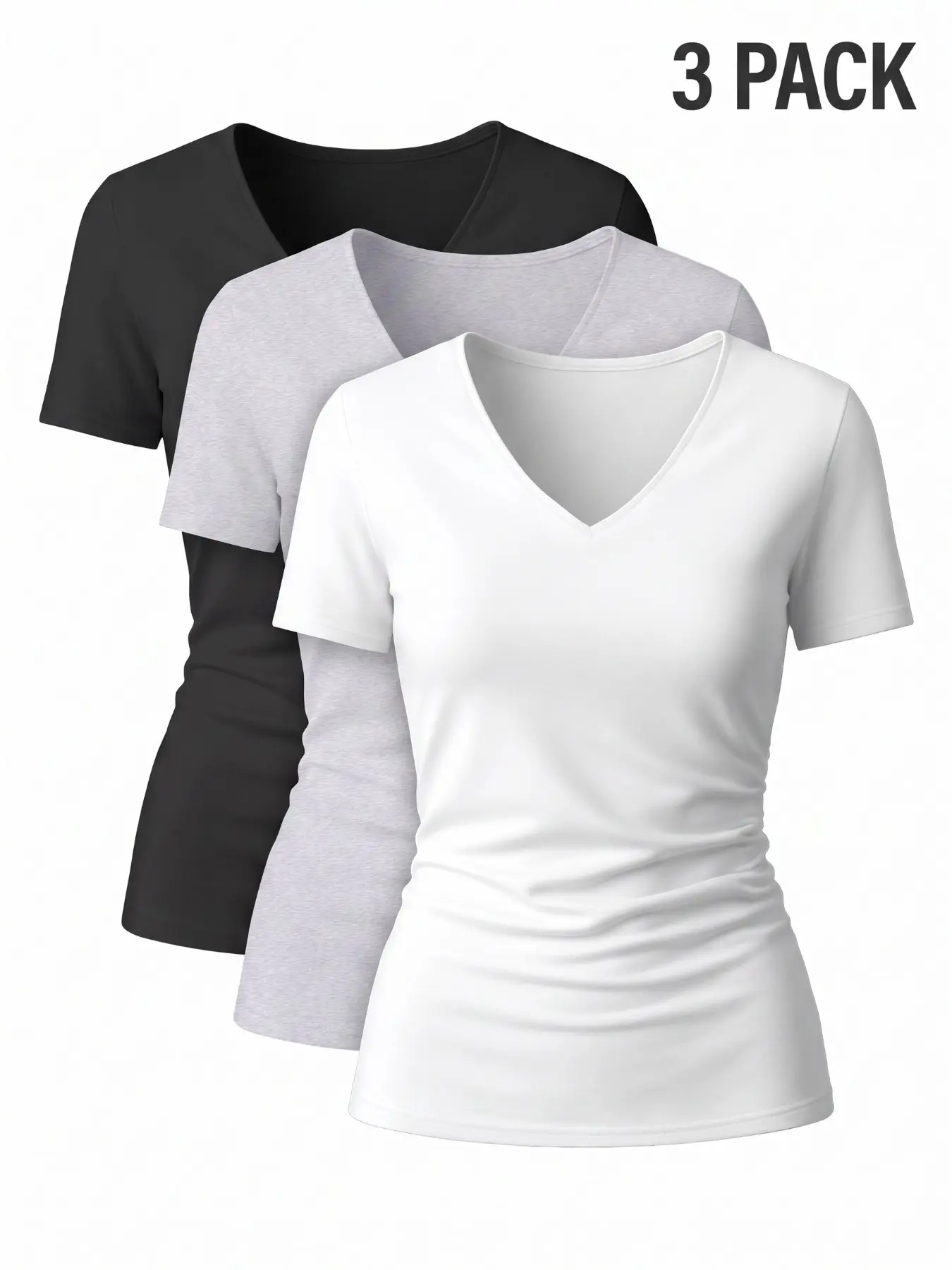 1/3 Pack Women V Neck Short Sleeve T-Shirts, Side Ruched Slim Fit Basic Tee, Soft Stretchy Casual Tops, Multipack Daily Layering Shirts
