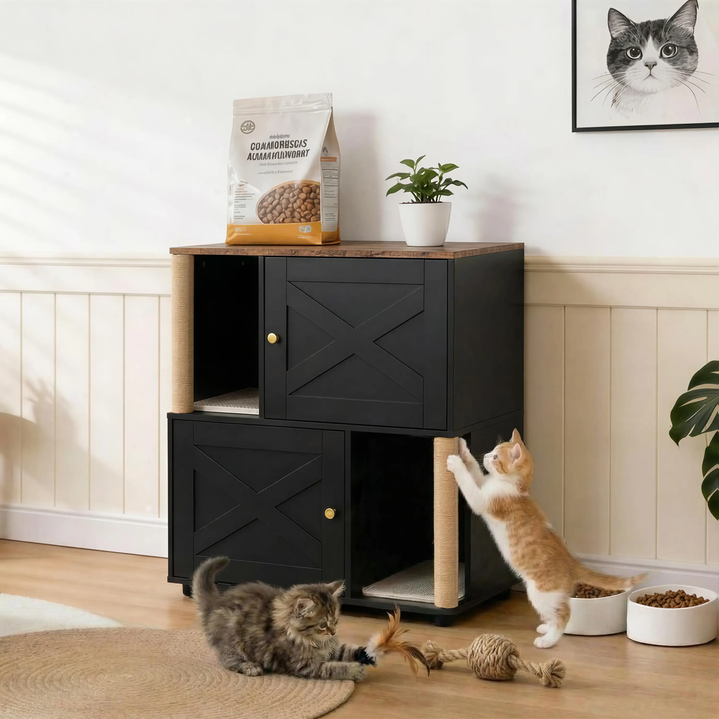 Double Room Cat Litter Box Enclosure – Hidden Cat Furniture with Scratch Posts for 2 Cats, Double-Layer Litter Mats, Large Enclosed Cabinet – Odor Reducing, Easy Clean