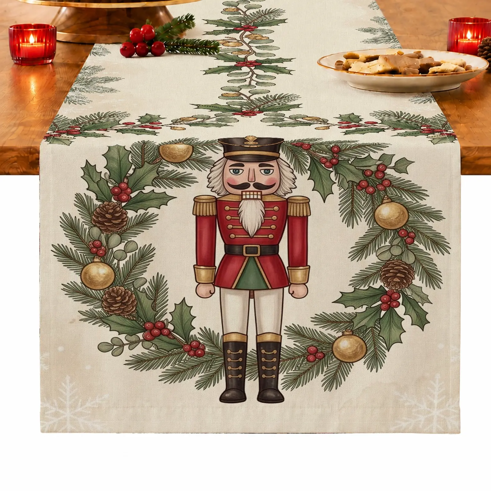 1pc Nutcracker Pinecone Holly & Christmas Ornament Table Runner, Vintage Christmas Style, for Dining Table, Kitchen, Dining Room & Home Decor, Christmas Table Decoration and Festive Home Decor