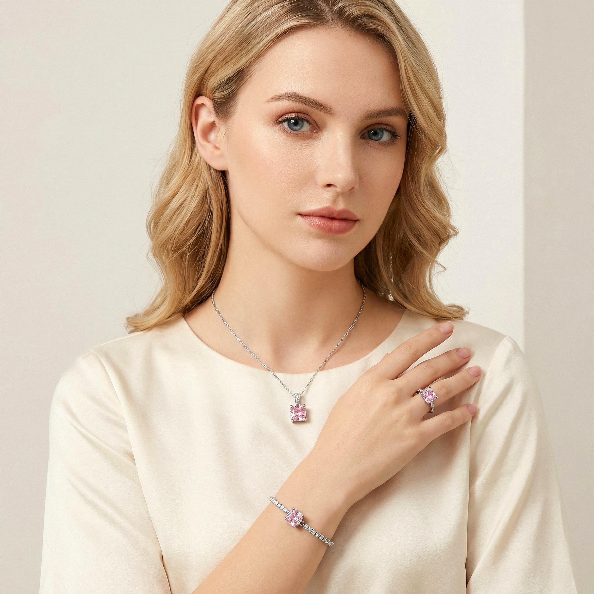 VAELUME Luxury 18K White Gold Plated Octagon Rose-Cut Pink Diamond Jewelry Set - 3PC Necklace Bracelet Ring-5A VVS CZ, Perfect for Daily Wear, Anniversaries,Birthday Gift for Women and Girls VAELUME Luxury 18K White Gold Plated Octagon Rose-Cut Pink Diamond Jewelry Set - 3PC Necklace Bracelet Ring-5A VVS CZ, Perfect for Daily Wear, Anniversaries,Birthday Gift for Women and Girls