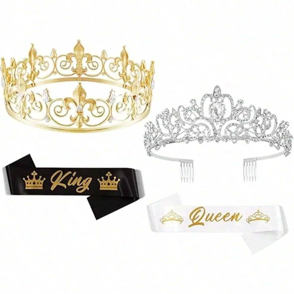 2/4Pcs King Queen Rhinestone Crown Sash Set, Royal Tiara Costume Accessories Wedding Birthday Party Decor