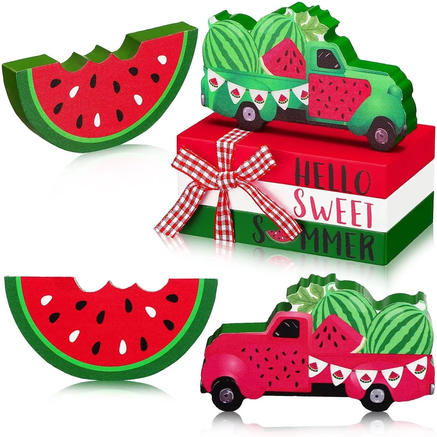 5 Pcs Watermelon Decorations for Home, Summer Watermelon Wooden Table Decor, Hello Sweet Summer Tabletop Centerpieces Red Green Wood Truck Sign for House Kitchen Shelf Office Desk Tiered Tray