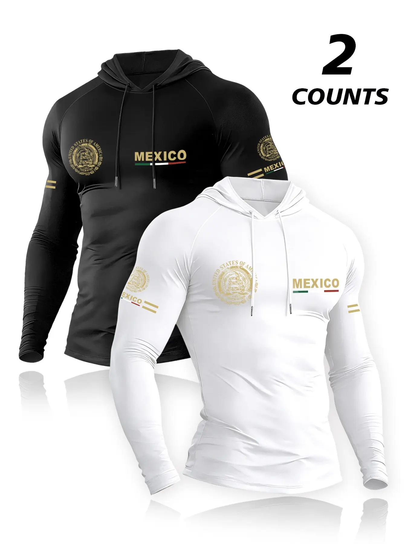 Men's Hooded T-Shirt Set, Simple Mexico Flag Eagle Print Long Sleeve, Comfortable Elastic Fabric, Outdoor Fitness Sports Wear, Athletic Workout Clothing, Athletic Training Apparel, Activewear Workout Set