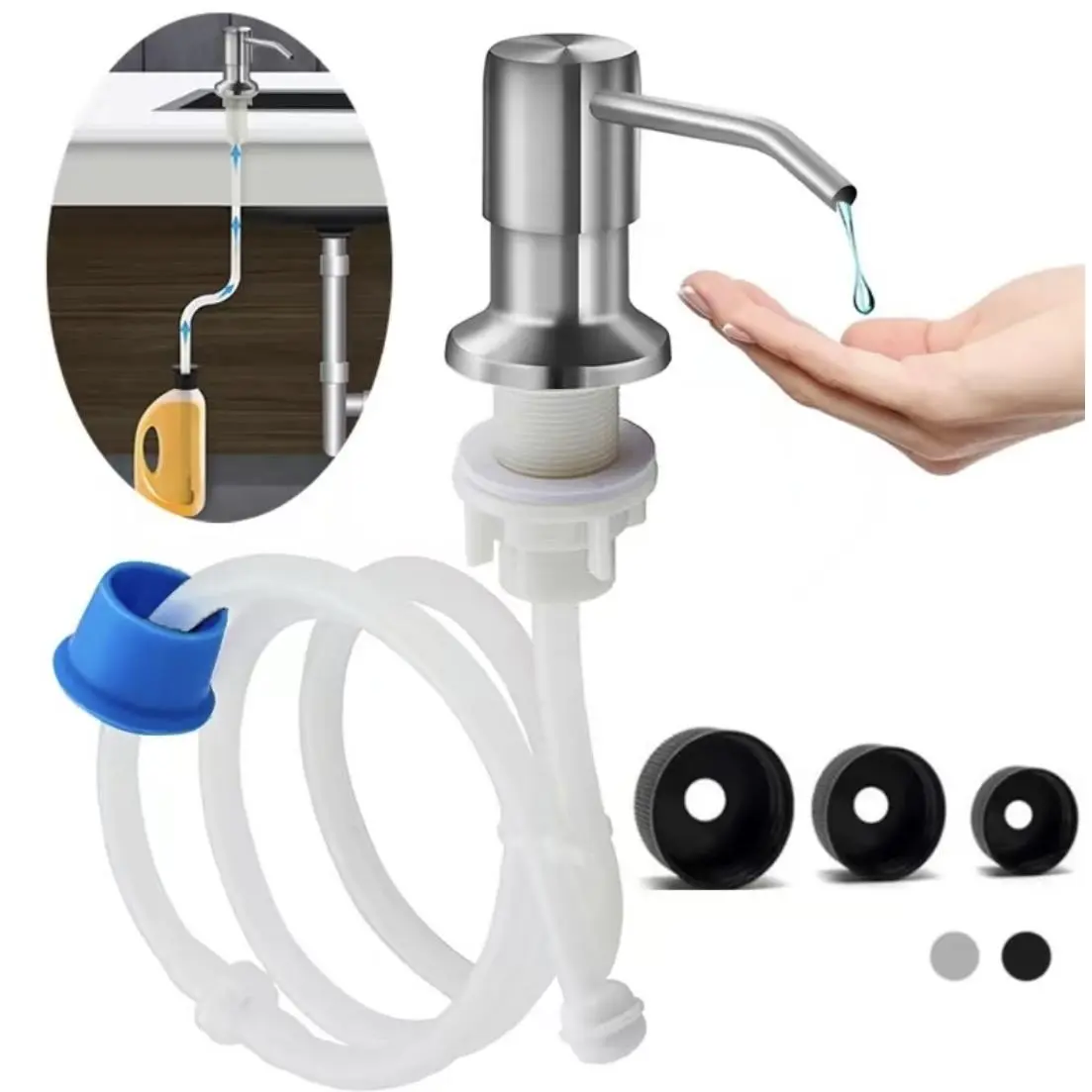 Brushed Nickel Stainless Steel Kitchen Sink Soap Dispenser, Faucet Attachment Adapter, 47-in Extension Tube Kit, Silicone Check Valve, Bottle-Fitting Caps - Kitchen Sink Accessories, Home & Bathroom Supply