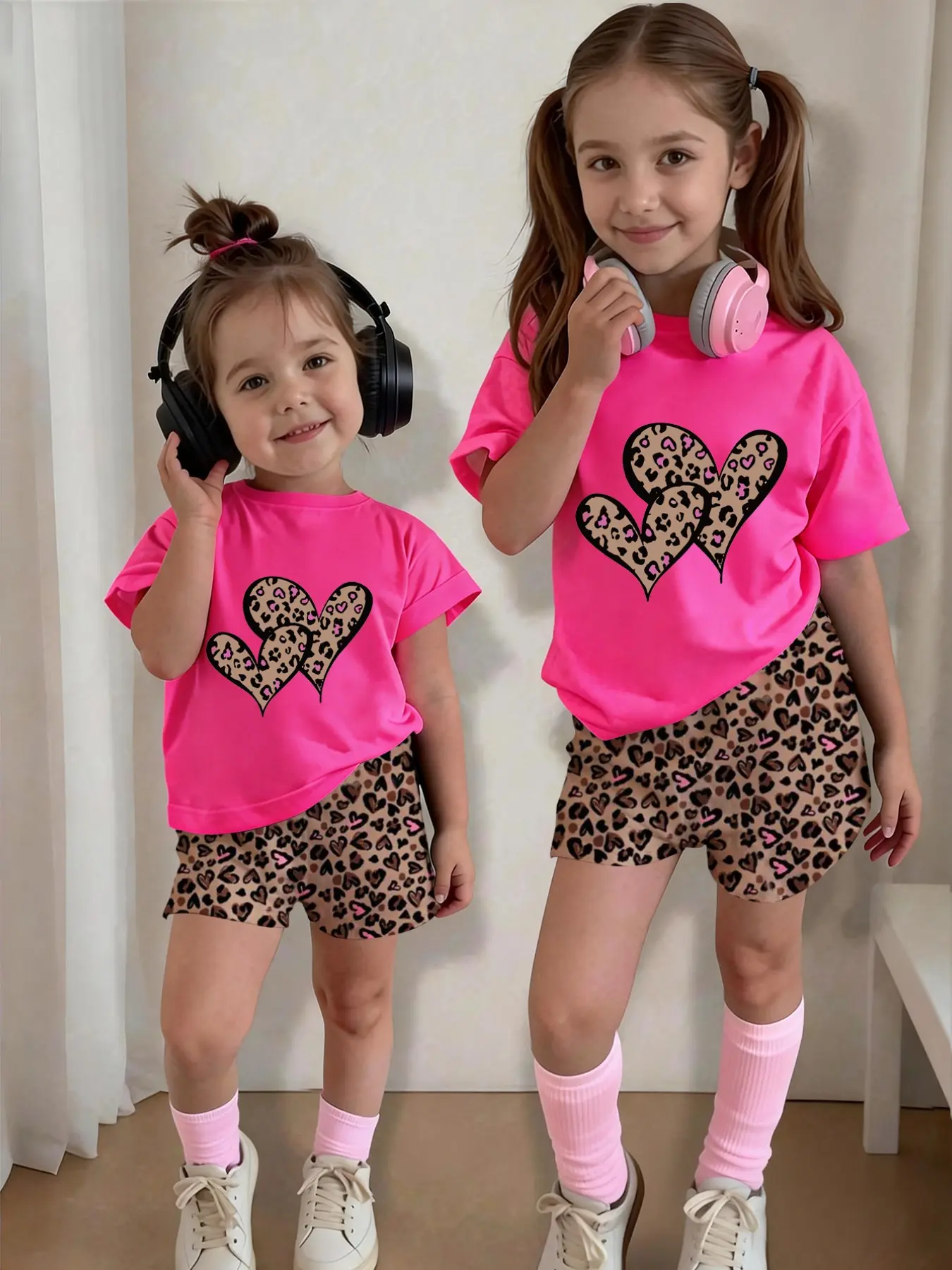 Sweet Cool Style Set for Girls 4-12 Years, Bright Round Neck Short Sleeve with Leopard Heart Print, Breathable Casual Suit, Graphic Print Set