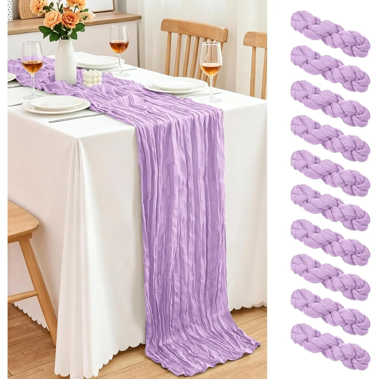 10 Pack Lilac Purple Lavender Cheesecloth Table Runner, 17x108 Inch Semi Sheer Boho Gauze Cheese Cloth Fabric Table Runners for Wedding Party Baby Shower Birthday Garden Farmhouse Table Decor