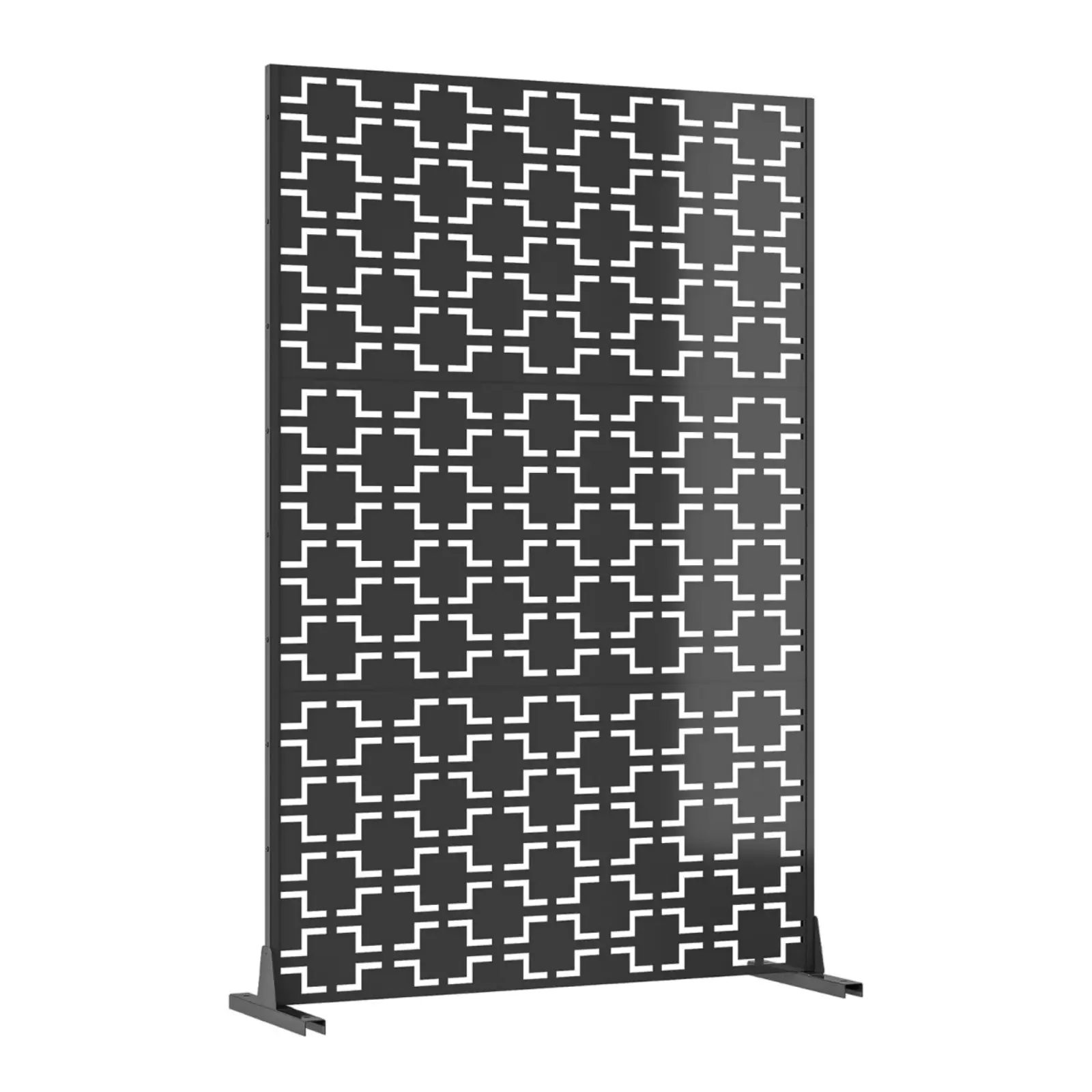 Modern Galvanized Steel Privacy Panel with Stand - 74"x47" Freestanding Rustproof Corrosion-Resistant Black Modular Room Divider, Artistic Square Cut-Out for Patio, Commercial Settings