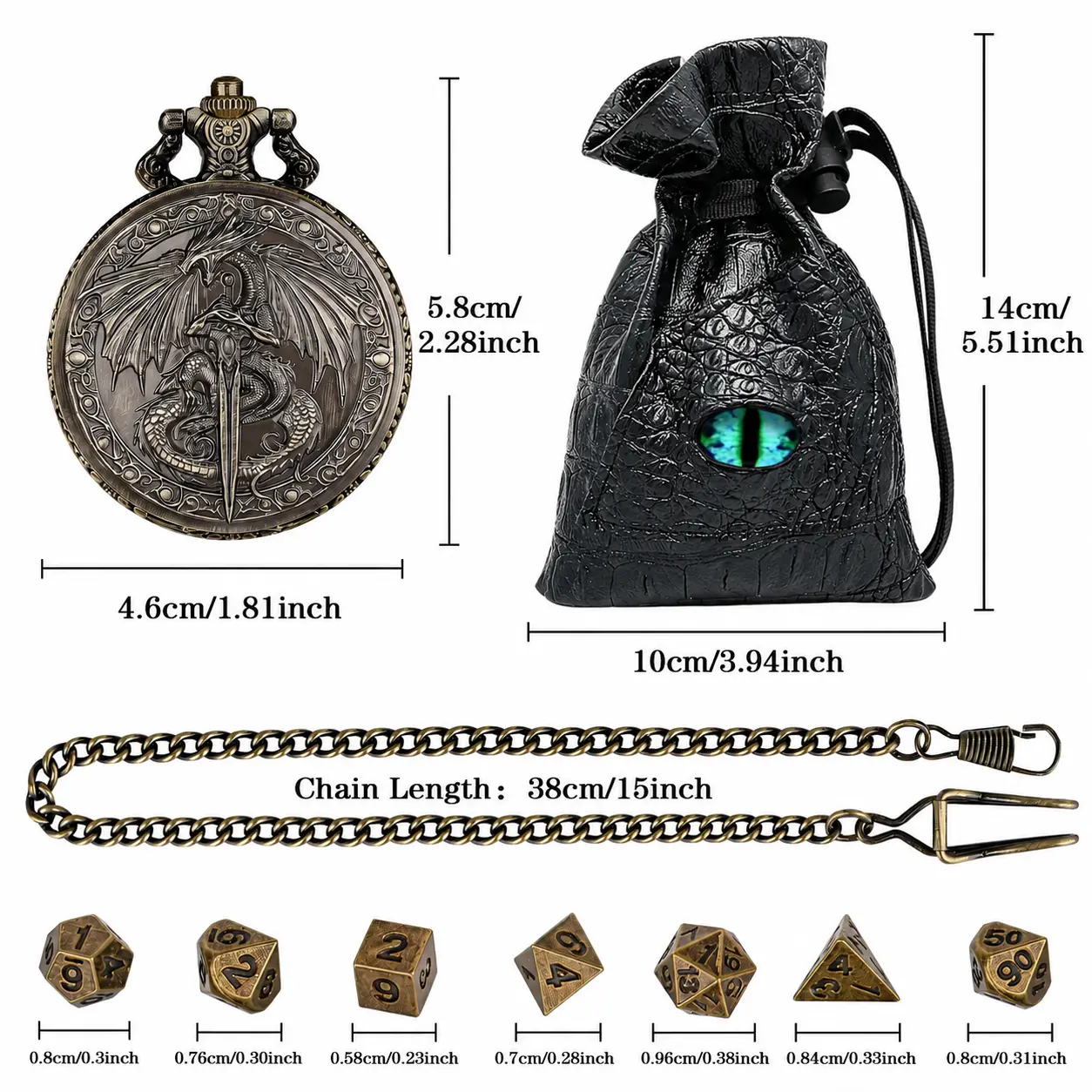 7-Piece Polyhedral Metal Dice Set with 3D Carved Pocket Watch, Tabletop Game Accessory for Family Gatherings, Birthday & Christmas Gift for Adults