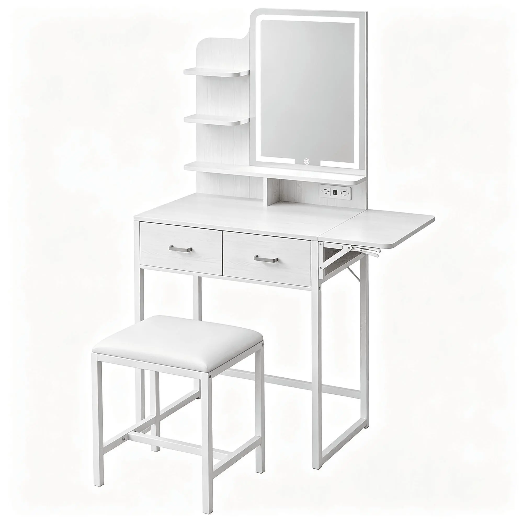 White Vanity Desk with LED Mirror, Makeup Vanity Table with 2 Drawers, Built-in Power Outlet & USB Ports, Foldable Small Vanity Table Set with Cushioned Stool and Open Storage Shelves for Bedroom