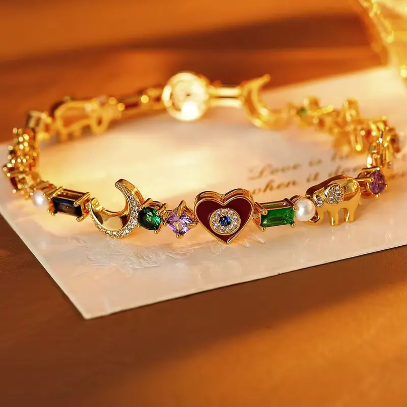 Women's Bohemian Celestial Theme Multicolor Imitation Diamond Pearl Beaded Fashion Bracelet, Fashionable Bracelet, Bohemian Bracelets, Stainless Steel, Elegant, Perfect for Daily Wear & Gifts
