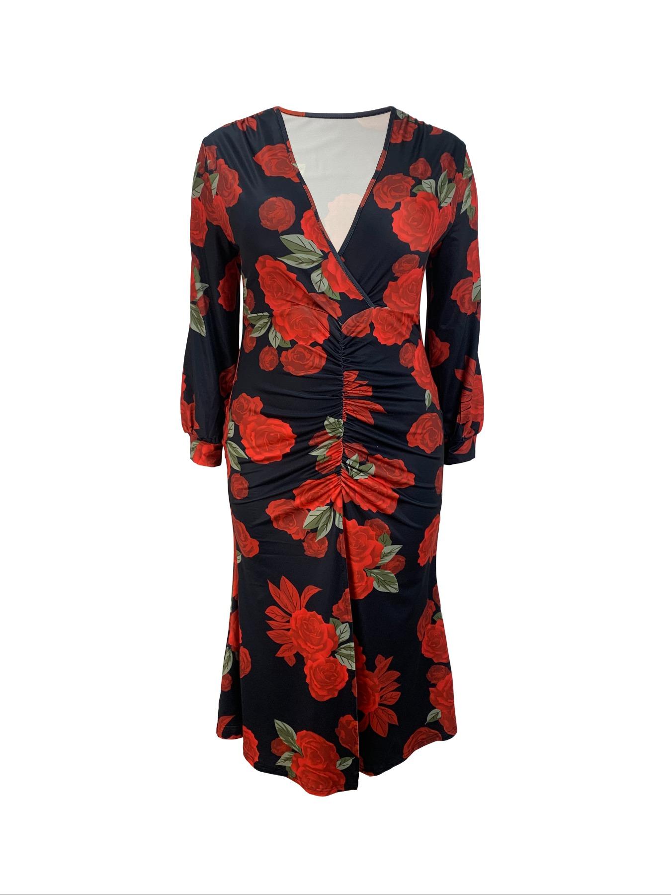 【Plus Size】 Floral Print Ruched Split Thigh Bodycon Dress, Elegant Bishop Sleeve Deep V Neck Long Sleeve Dress for Party Holiday Wedding Guest Gown, Women's Clothes for Spring & Fall