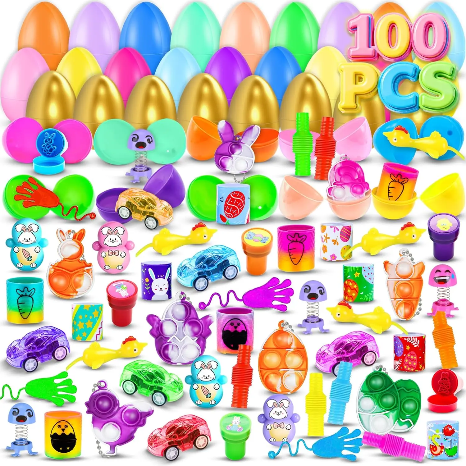 100Pack Prefilled Eggs with Toys Inside Filling Specific Treats, Easter Theme Party Favor, Basket Stuffers, Classroom Prize Egg Supplies Toy Kids