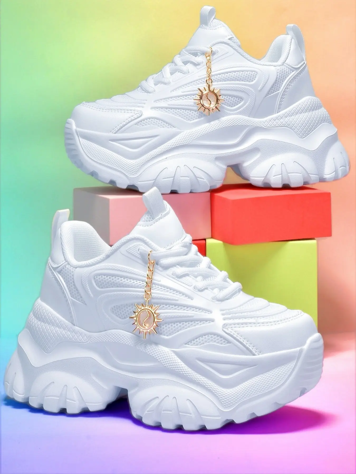 Women's Eva Lightweight Thick Sole Shoes, 7cm Heel Height, Gold Sunflower Chain Decor, Casual All-Season Elegant Footwear