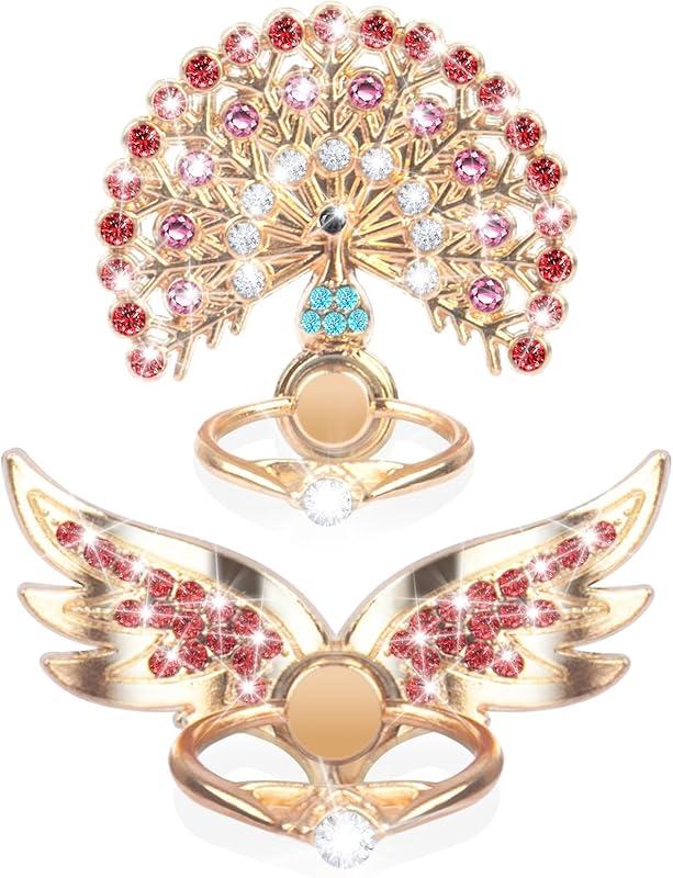 Finger ring stand grip, 2 pack luxury glitter diamond universal metal pop socket for iPhone 16/15/14/13 Pro Max, Galaxy S24/S23/S22 ultra, finger ring grip holder for all smartphone, white/pink