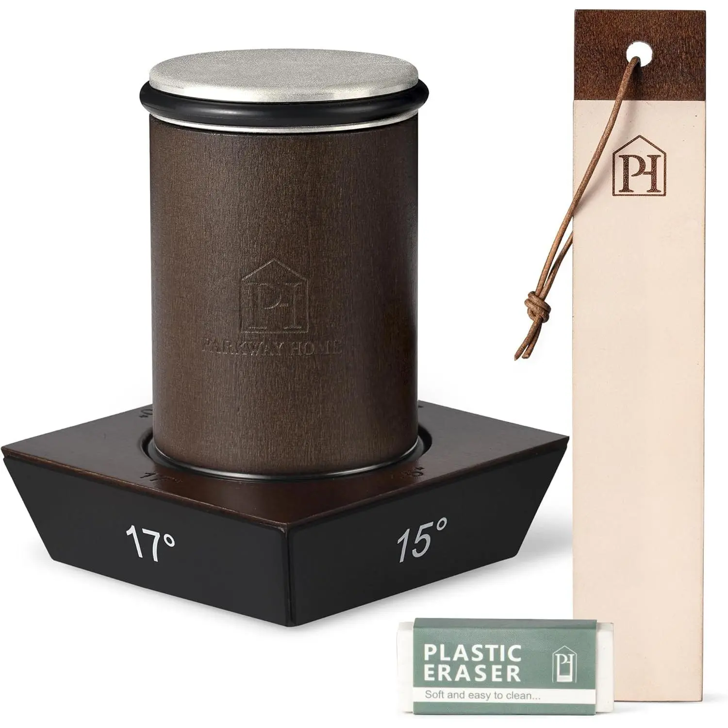 Rolling  Sharpener with Leather Strop and 15, 17, 20 & 22  Angles -  Sharpener Kit - Roller  Sharpening System with Stand, Holder & Eraser - Walnut Brown