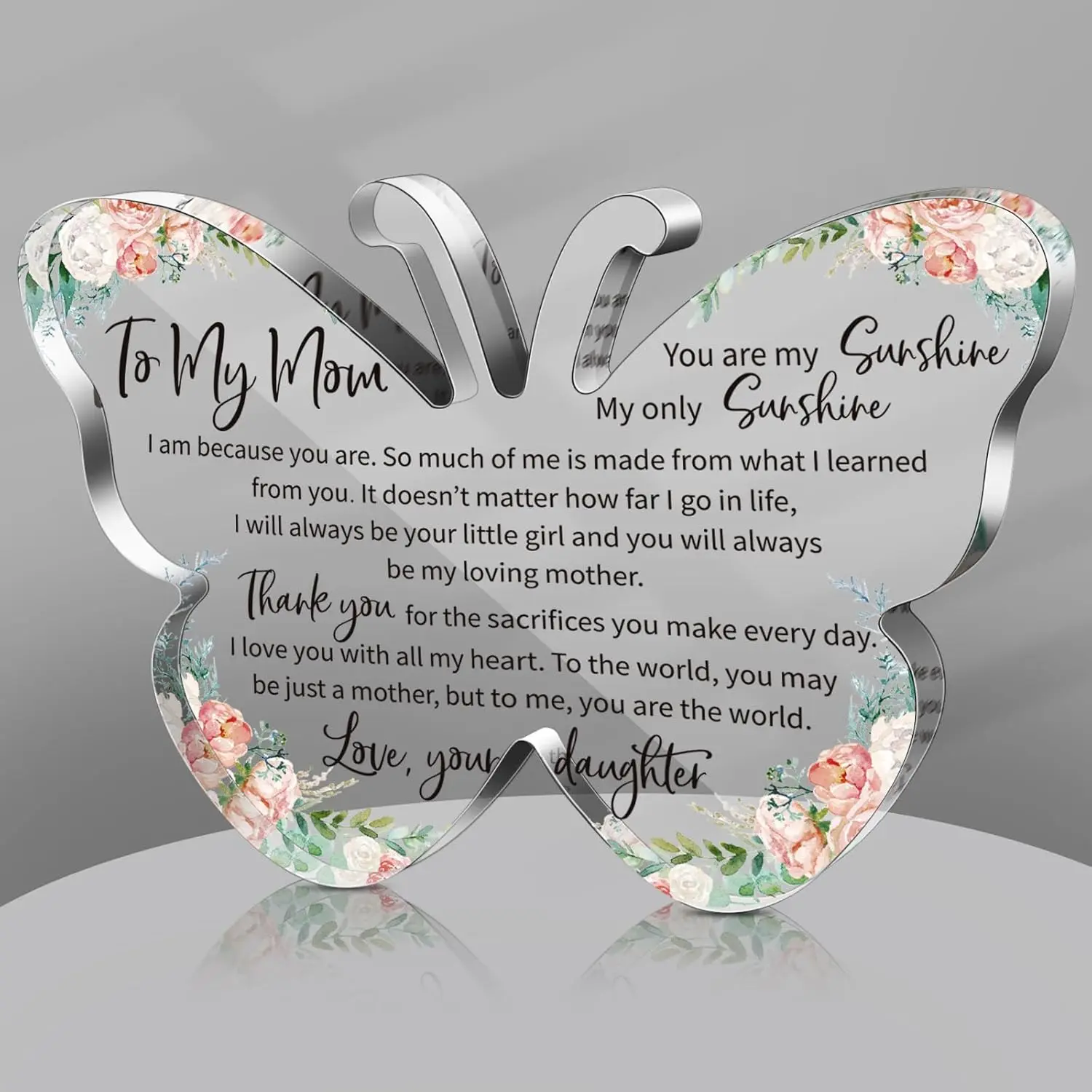 5.91in Acrylic Butterfly Glass Plaque - Durable, Wear-Resistant, Lightweight Home Decor Sign with Flat Bottom, Romantic Home Supplies, Mom Gifts from Daughter Son for Birthday, Thanksgiving, Holiday (To My Mom, Flowers), Party
