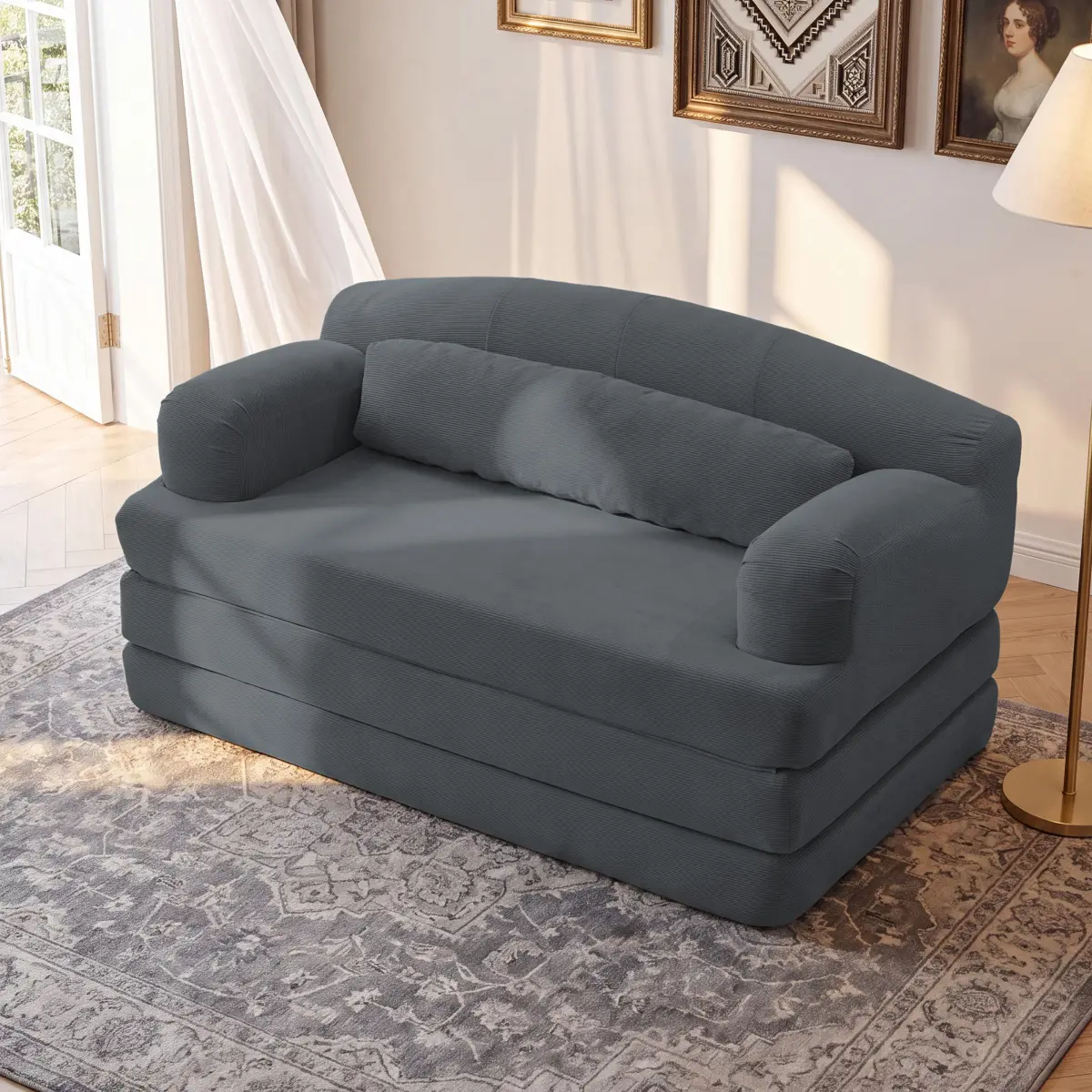 Foldable Corduroy Loveseat Sleeper Sofa Bed - High-Density Foam Convertible Couch(Dark Gray)