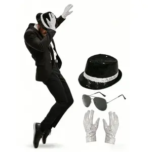 Michael Jackson Costume Accessories Set - Sequin Fedora Hat + Rhinestone Gloves + Aviator Sunglasses, Halloween Cosplay Party Dr
