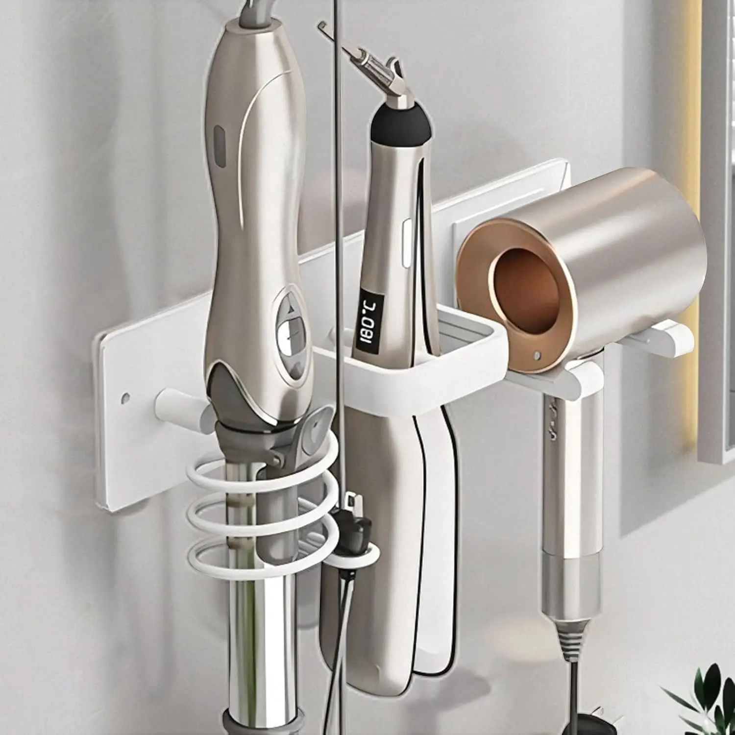 Hair Dryer Holder Wall Mounted,Blow Dryer, Curling Iron, Straightener Holder 3 in 1 Hair Tool Organizer Rack-White-2