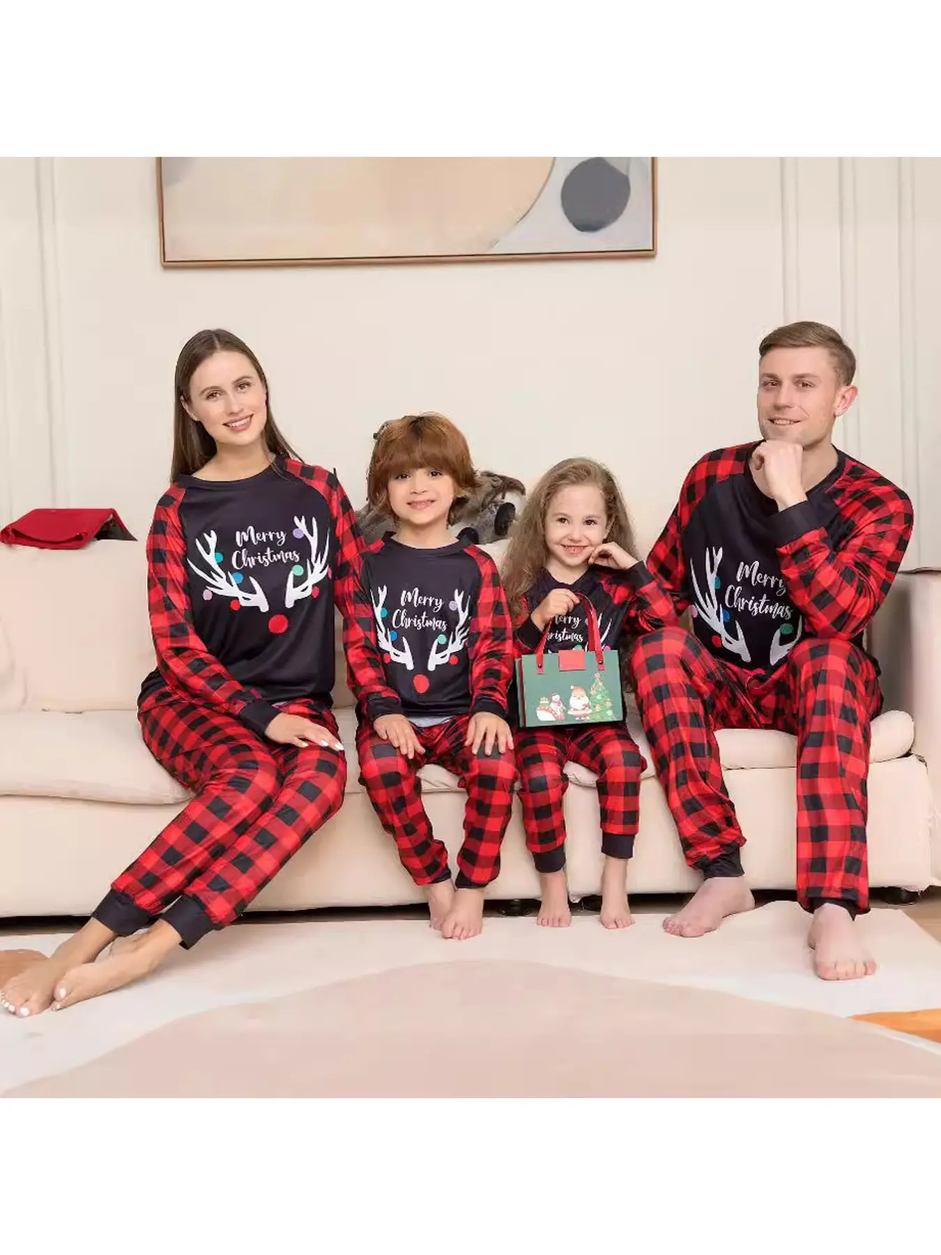 Family Matching 2-Piece Christmas Pajamas Set,Black Raglan Top With Red-Black Plaid Sleeves,Colorful Reindeer Antlers & "Merry Christmas" Letter Print,Red-Black Buffalo Plaid Pants,Soft Loungewear For X-mas Family Shoot,Holiday Vlog,Christmas Morning Wear