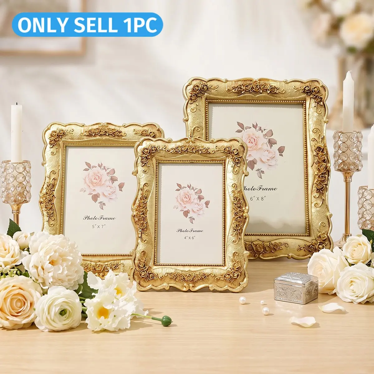 Elegant Gold Color Rose Carved Photo Frame, Resin Wave Edge, French Style Desktop Picture Frame, Wedding Decor, Gift Box, Memorial Frame
